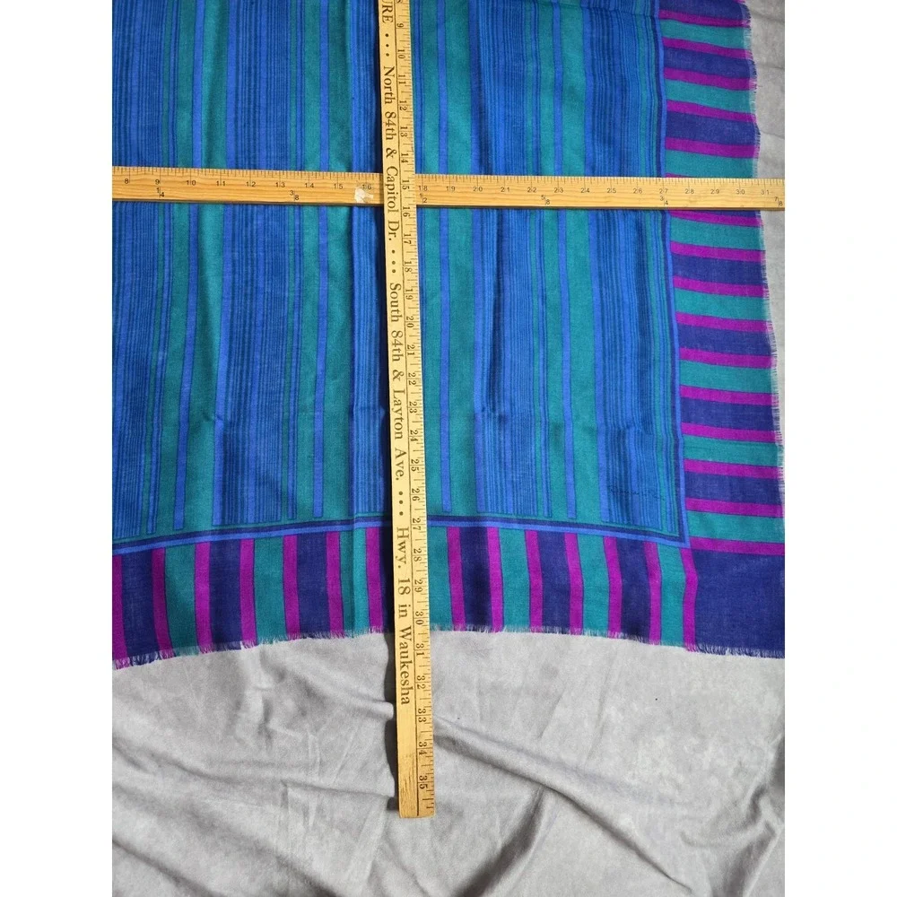 Oscar de la Renta Wool Scarf Square Stripe Teal Blue Purple Japan Fringe VTG Fla